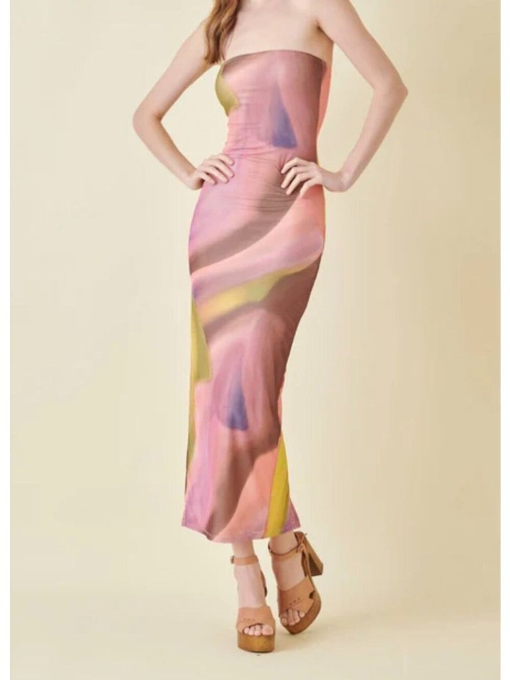 FORE Abstract Multicolor Strapless Tube Maxi Dress Size Small feminine Coquette